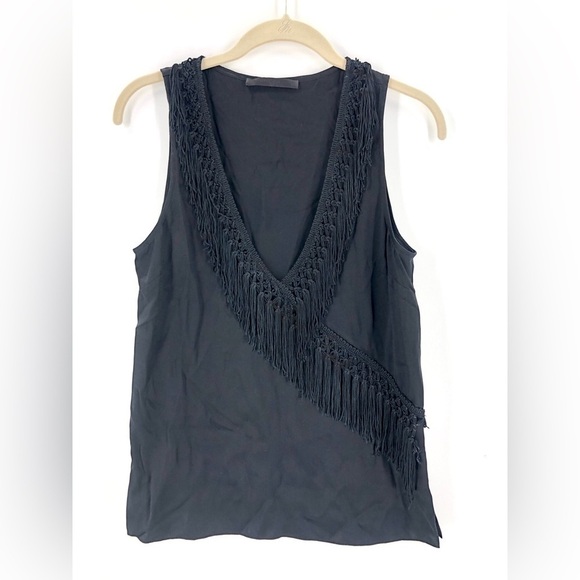 Jenni Kayne 100% Silk Fringe Blouse Sleeveless Top Shell Black Shirt Size XS - Picture 1 of 7